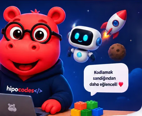 Bilgisayar başında kodlayan HipoCodes maskotu