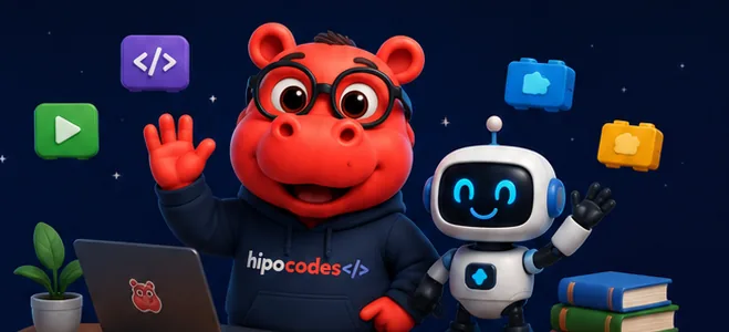Bilgisayar başında HipoCodes maskotu ve robot