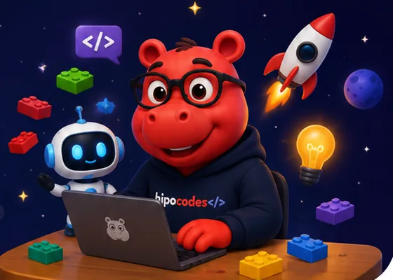Bilgisayar başında proje yapan HipoCodes maskotu